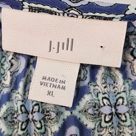J. Jill Tunic Top XL Blue & Green Floral Paisley Crinkle Flounce Sleeve - Picture 7 of 11